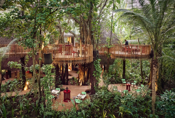 樹の上に造られたようなレストラン「ネスト」で鉄板焼きをはじめとしたアジアン料理に舌鼓！